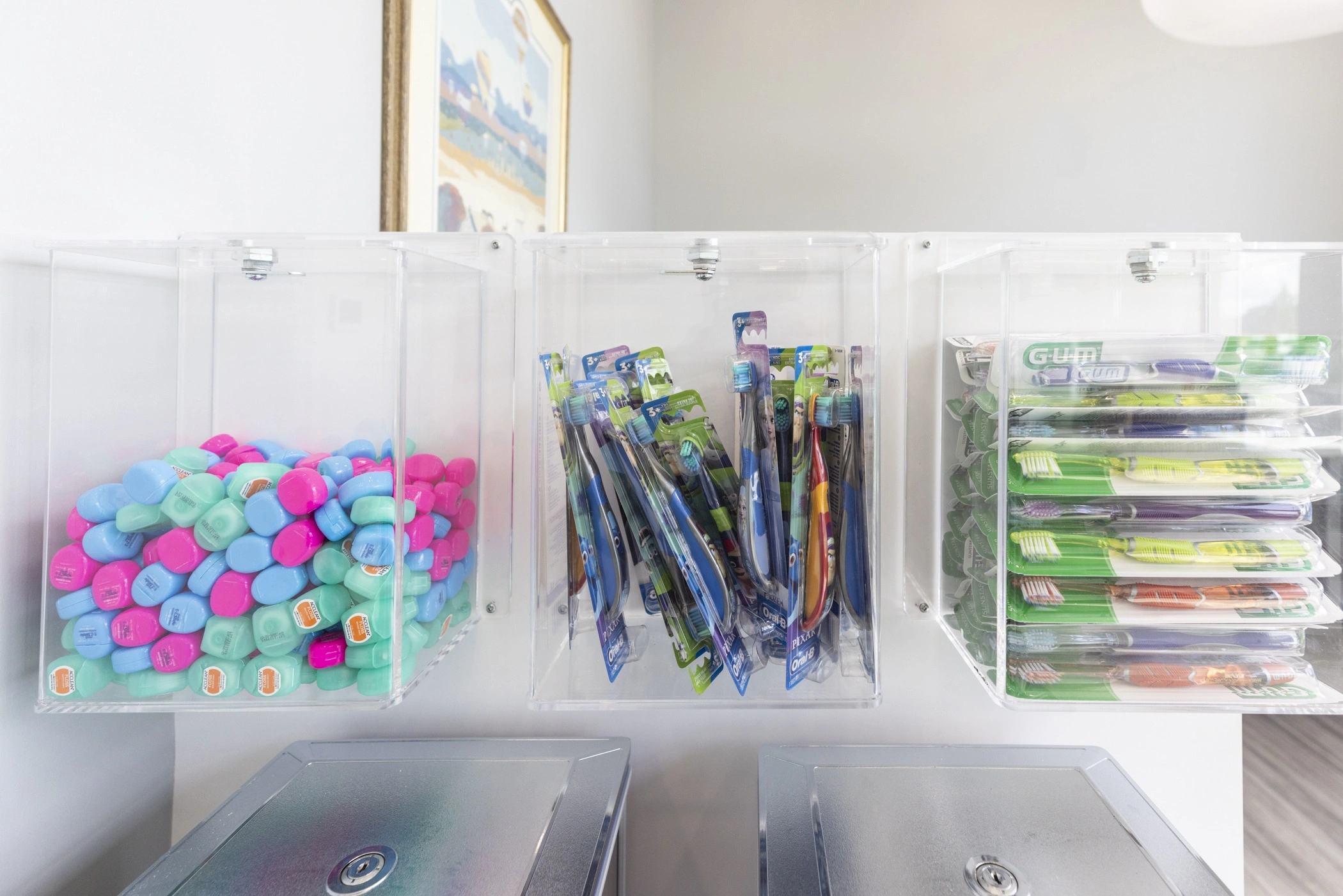 colorful toothbrushes and dental care products at our clinic