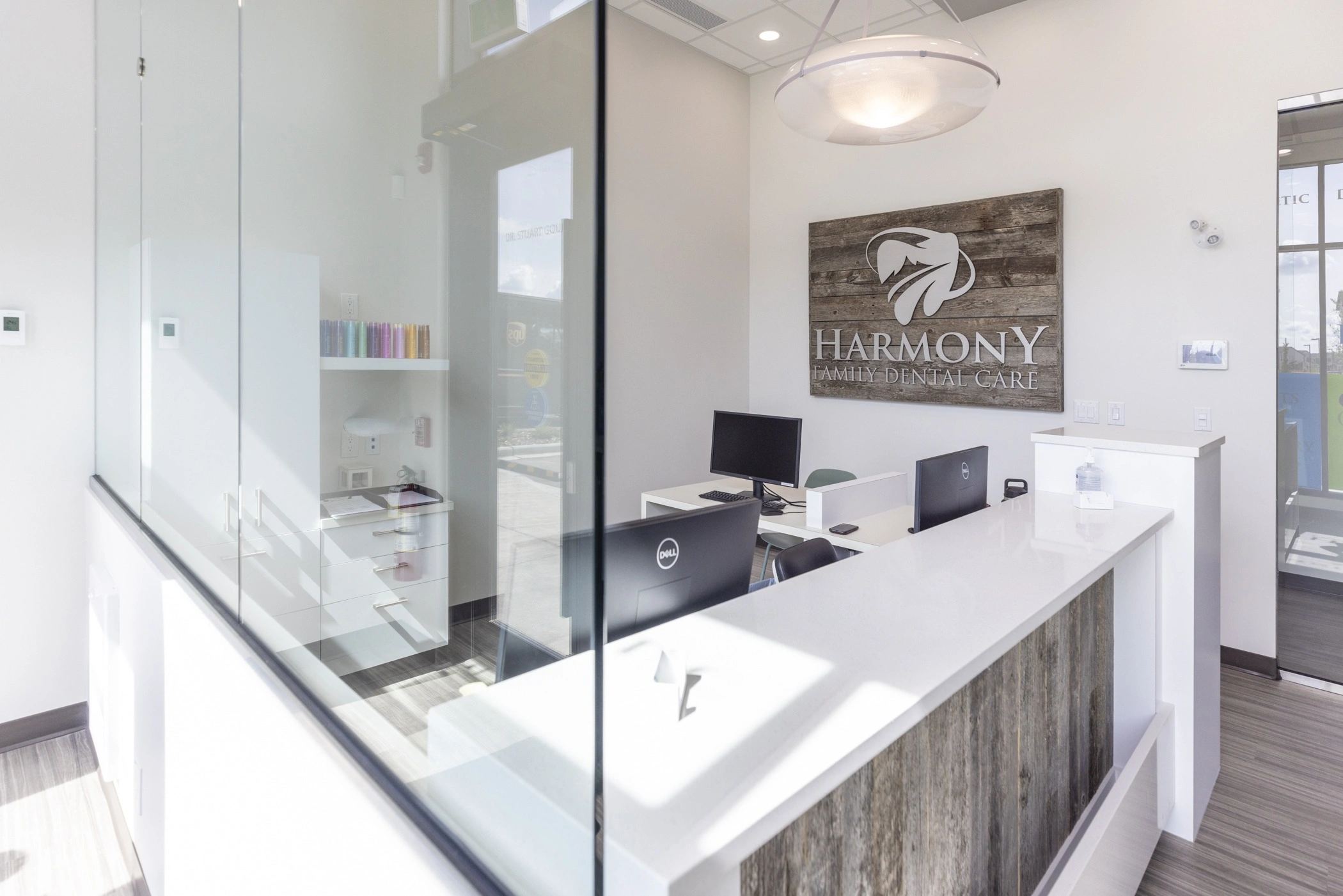 front desk welcome counter at our dental clinic near harmony, ab